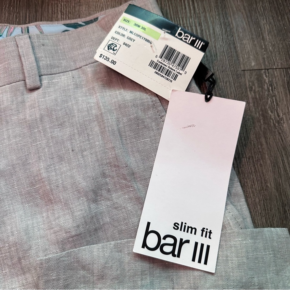 Bar III Slim Fit Gray Linen Trousers Size Width 30” x Length 30” NWT - Picture 4 of 9